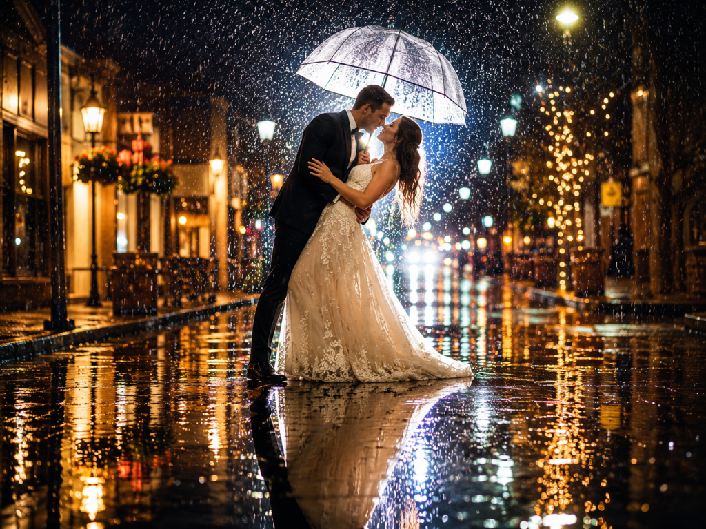 Romantic wedding night in the rain